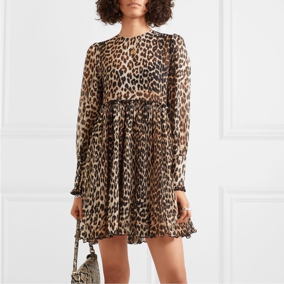 New GANNI leopard babydoll dress Puff Sleeves Mini S 2 XS - Picture 2 of 6